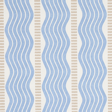 Sina Stripe blue Art Deco wave stripe wallpaper with textural weave from Schumacher Copacabana collection