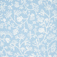 ANTHOZA wallpaper in Sky by Schumacher features a white botanical coral pattern on a light blue background, shown in detail and in a styled bedroom setting.