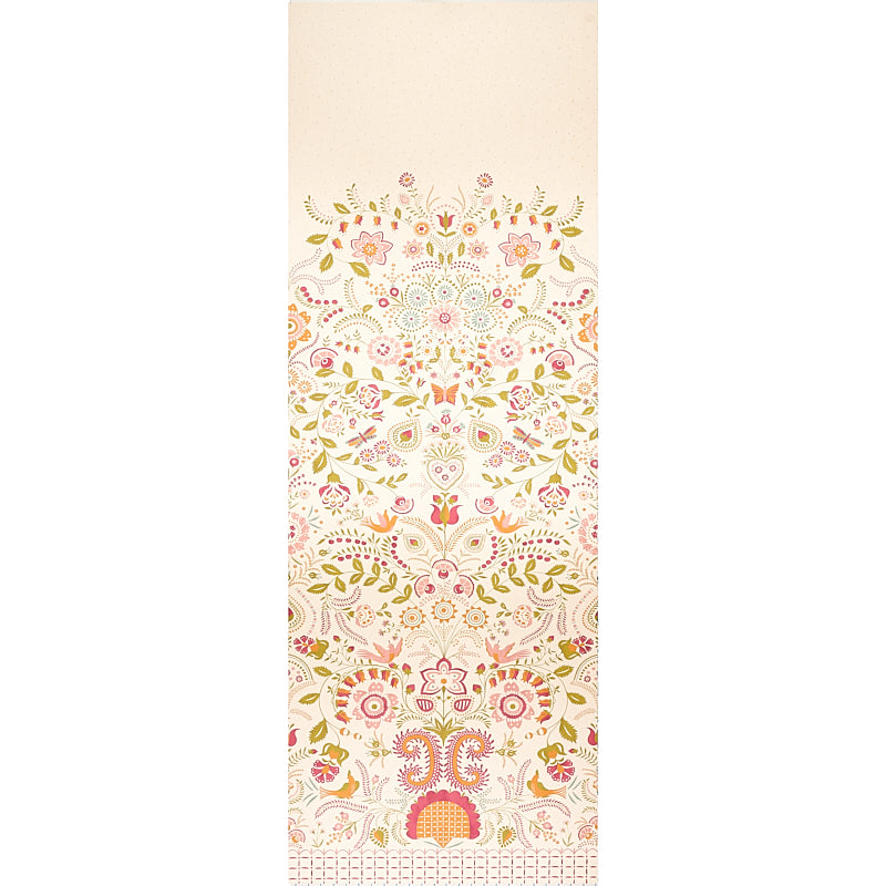 Orla Panel wallcovering in magenta with intricate folkloric floral and vine patterns by Schumacher.