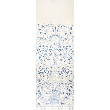 Orla Panel in blue and white with intricate folkloric floral and vine patterns by Schumacher.