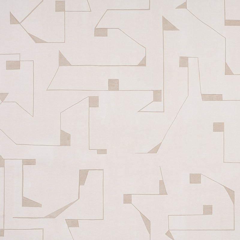 Circuit Stone by Porter Teleo abstract geometric wallpaper in neutral tones, shown in styled bedroom interior.