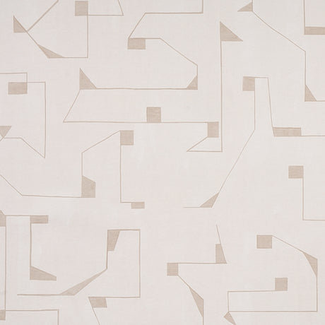 Circuit Stone by Porter Teleo abstract geometric wallpaper in neutral tones, shown in styled bedroom interior.