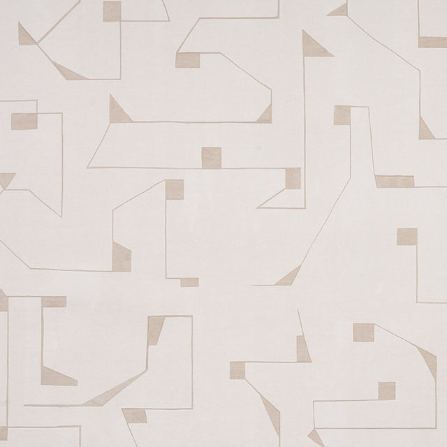 Circuit Stone by Porter Teleo abstract geometric wallpaper in neutral tones, shown in styled bedroom interior.