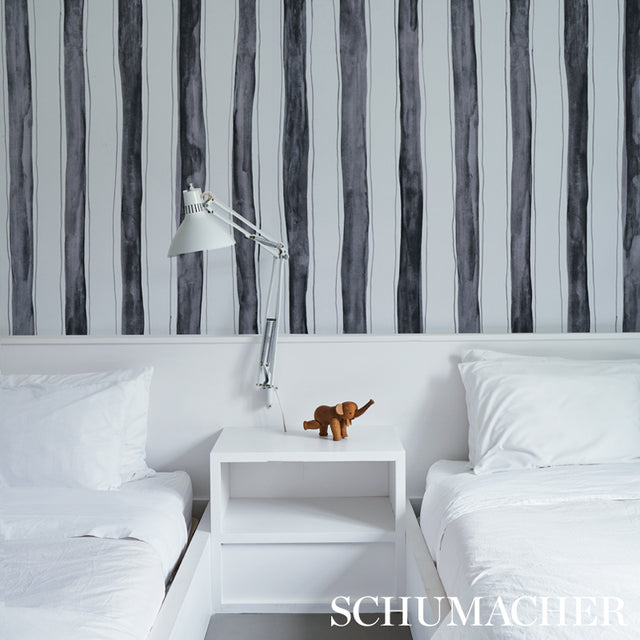 Tracing Stripes Black by Porter Teleo Hand-Painted Vertical Stripe Wallpaper – Schumacher 5012172
