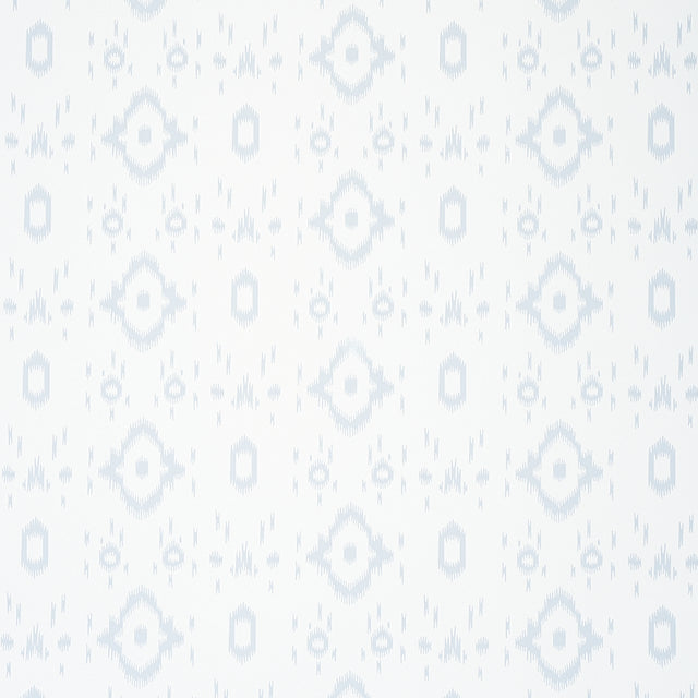 Tabitha Orpington Blue wallpaper by Schumacher, featuring a soft geometric ikat-inspired pattern in a serene blue and white colorway.