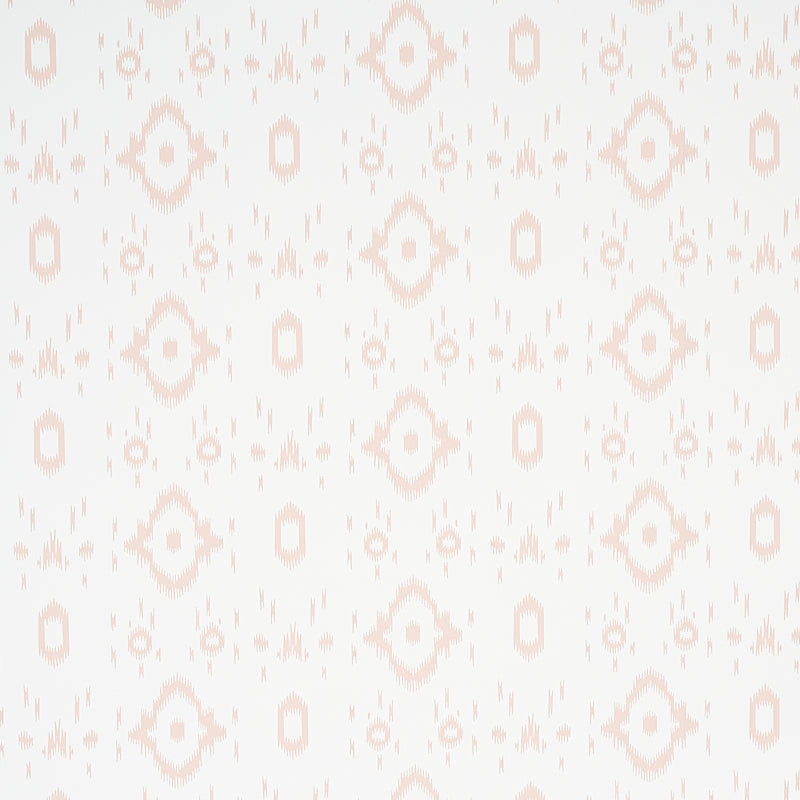 Tabitha Quiet Pink by Schumacher - Soft geometric ikat-inspired wallpaper in pale pink and white, shown in detail and installed in a bathroom.