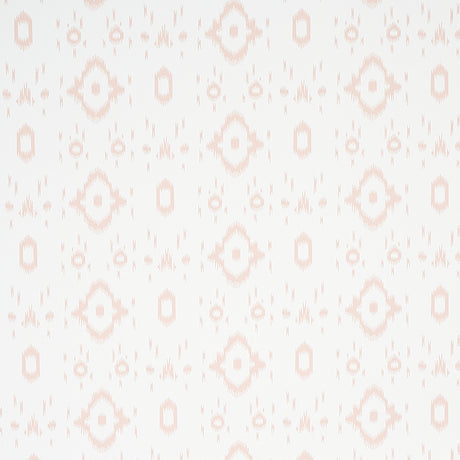 Tabitha Quiet Pink by Schumacher - Soft geometric ikat-inspired wallpaper in pale pink and white, shown in detail and installed in a bathroom.