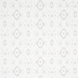 Tabitha Soft Grey by Schumacher - a subtle ikat-inspired geometric wallpaper in a light neutral colorway, shown in a bathroom setting.
