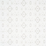 Tabitha Soft Grey by Schumacher - a subtle ikat-inspired geometric wallpaper in a light neutral colorway, shown in a bathroom setting.