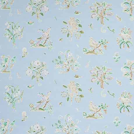Magical Menagerie wallpaper in sky blue with whimsical birds, flowers, and fauna, styled in a bedroom setting by Schumacher.