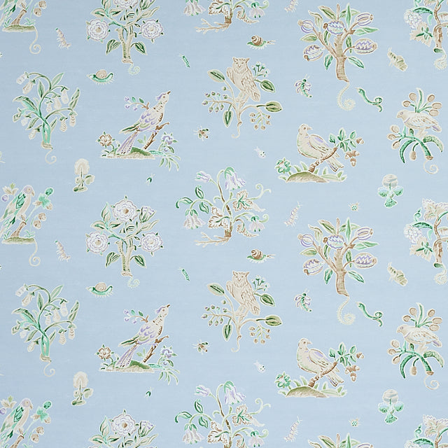 Magical Menagerie wallpaper in sky blue with whimsical birds, flowers, and fauna, styled in a bedroom setting by Schumacher.