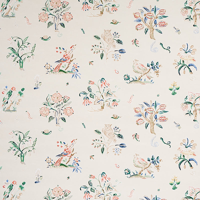 Painterly wallpaper with whimsical flora and fauna in primary colors, Schumacher Magical Menagerie.