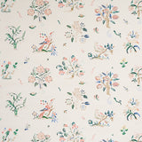Painterly wallpaper with whimsical flora and fauna in primary colors, Schumacher Magical Menagerie.