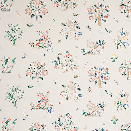 Painterly wallpaper with whimsical flora and fauna in primary colors, Schumacher Magical Menagerie.