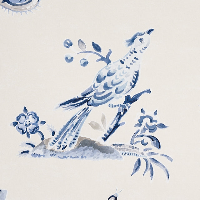 Magical Menagerie Blues by Schumacher Painterly Flora and Fauna Wallpaper – Schumacher 5012212