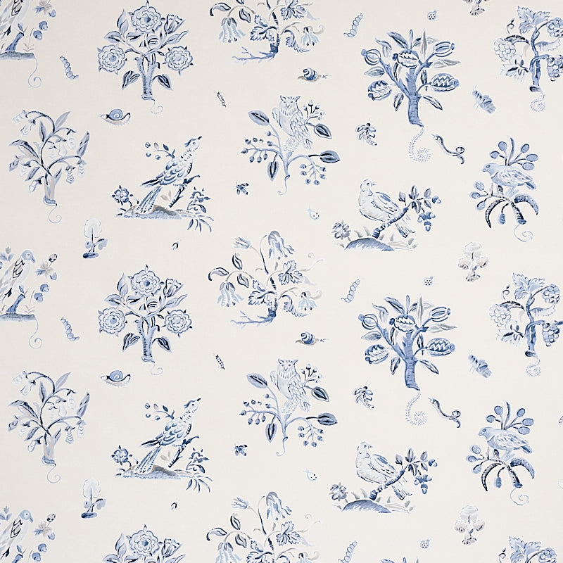 Magical Menagerie wallpaper in blues by Schumacher, featuring painterly flora and fauna motifs in a whimsical, archival-inspired design.
