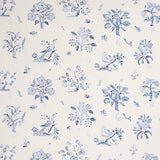 Magical Menagerie wallpaper in blues by Schumacher, featuring painterly flora and fauna motifs in a whimsical, archival-inspired design.
