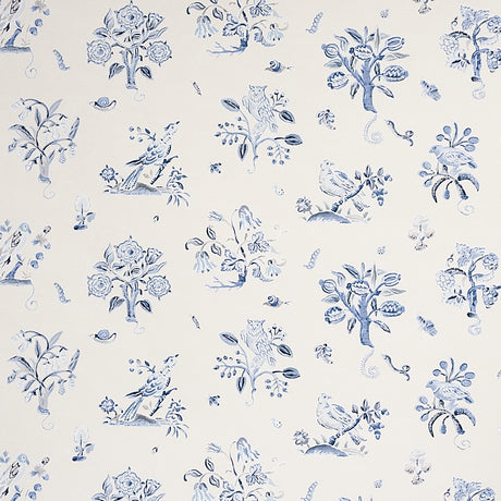 Magical Menagerie wallpaper in blues by Schumacher, featuring painterly flora and fauna motifs in a whimsical, archival-inspired design.