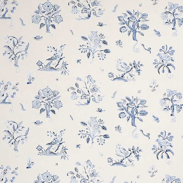 Magical Menagerie wallpaper in blues by Schumacher, featuring painterly flora and fauna motifs in a whimsical, archival-inspired design.