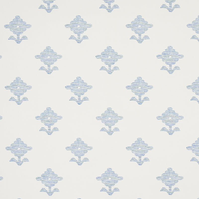 Rubia blue wallpaper with stylized floral motifs and subtle metallic sheen, shown in a bathroom setting.