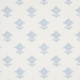Rubia blue wallpaper with stylized floral motifs and subtle metallic sheen, shown in a bathroom setting.