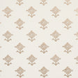 Rubia Ivory wallpaper by Schumacher featuring stylized floral motifs with fine linework and a subtle metallic sheen, shown in a bathroom setting.
