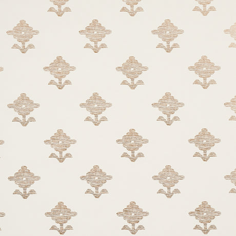 Rubia Ivory wallpaper by Schumacher featuring stylized floral motifs with fine linework and a subtle metallic sheen, shown in a bathroom setting.