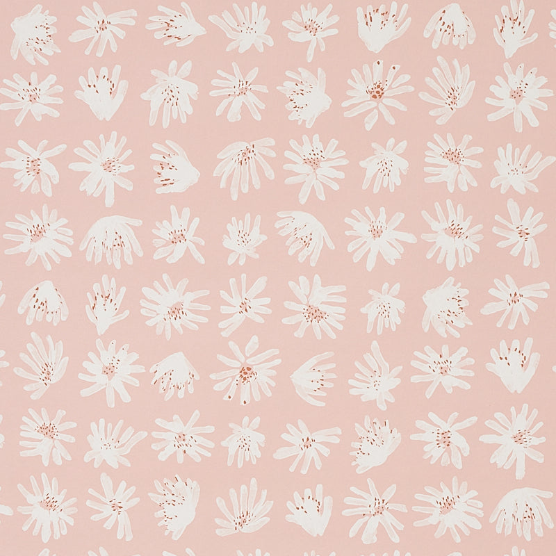 Meadow Rock blush wallpaper by Caroline Z Hurley for Schumacher, featuring hand-painted white floral motifs on a pink background.