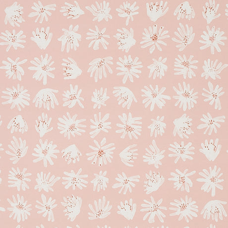 Meadow Rock blush wallpaper by Caroline Z Hurley for Schumacher, featuring hand-painted white floral motifs on a pink background.
