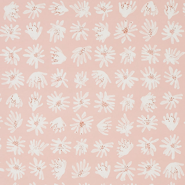 Meadow Rock blush wallpaper by Caroline Z Hurley for Schumacher, featuring hand-painted white floral motifs on a pink background.