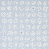 Meadow Rock Sky wallpaper by Caroline Z Hurley for Schumacher, featuring hand-painted white floral motifs on a soft blue background.