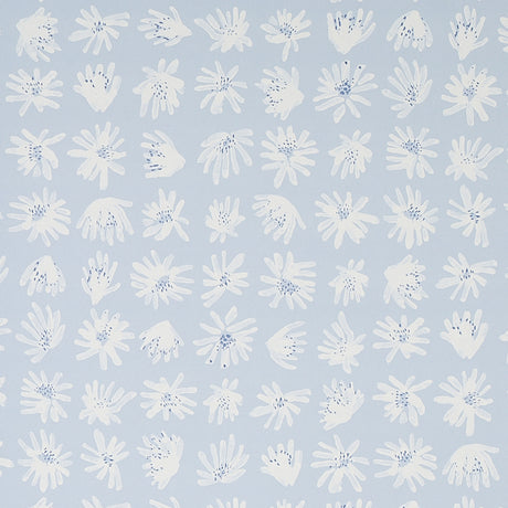 Meadow Rock Sky wallpaper by Caroline Z Hurley for Schumacher, featuring hand-painted white floral motifs on a soft blue background.