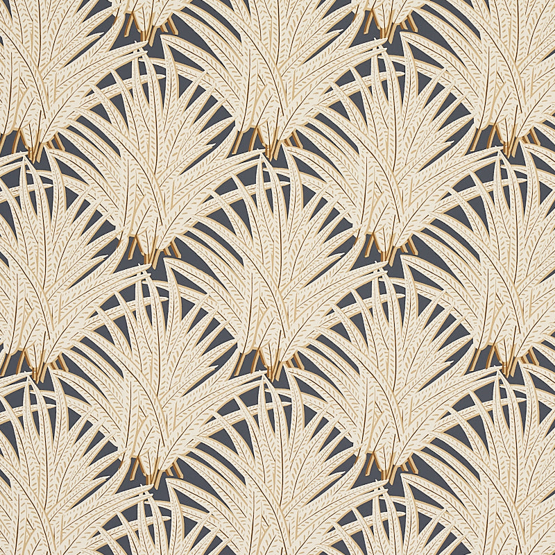Zenada wallpaper in Carbon by Schumacher features stylized feathery fronds in a chic, lively pattern on a dark background.