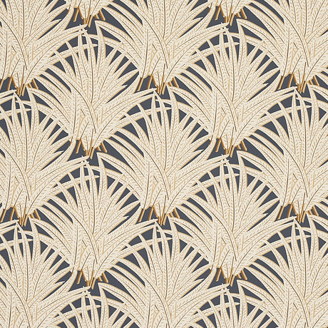 Zenada wallpaper in Carbon by Schumacher features stylized feathery fronds in a chic, lively pattern on a dark background.