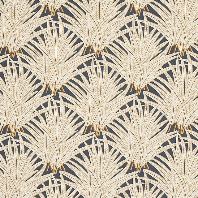 Zenada wallpaper in Carbon by Schumacher features stylized feathery fronds in a chic, lively pattern on a dark background.