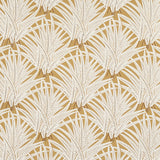 Zenada gold wallpaper from Schumacher's Copacabana collection featuring a botanical palm leaf pattern in white on a gold background.