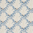 Zenada blue botanical palm leaf wallpaper from the Copacabana collection by Schumacher, shown in a styled bedroom setting.