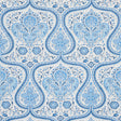 Paisley Court blue wallpaper by Schumacher featuring intricate paisley and floral patterns in a scrolling fretwork design.