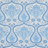 Paisley Court blue wallpaper by Schumacher featuring intricate paisley and floral patterns in a scrolling fretwork design.