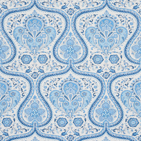 Paisley Court blue wallpaper by Schumacher featuring intricate paisley and floral patterns in a scrolling fretwork design.