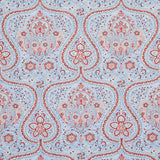 Paisley Court chambray wallpaper with intricate paisley and floral designs in blue and red by Schumacher