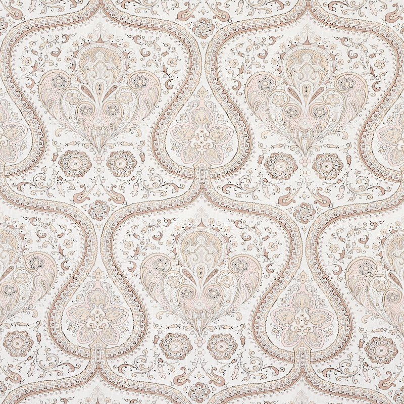 Paisley Court sand-colored wallpaper with intricate paisley and floral designs by Schumacher