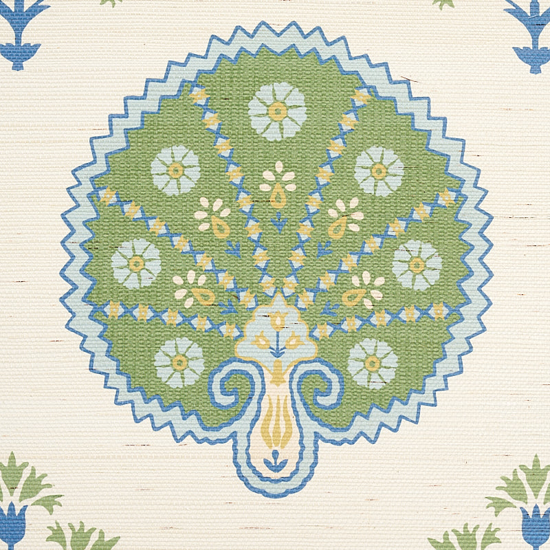 Chamba Crown Sisal Green Ottoman Fan Floral Wallpaper – Schumacher 5012280
