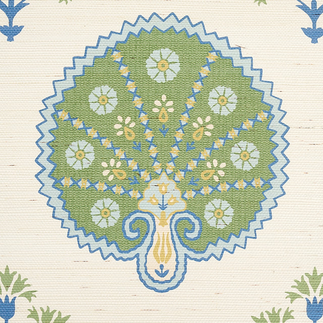 Chamba Crown Sisal Green Ottoman Fan Floral Wallpaper – Schumacher 5012280