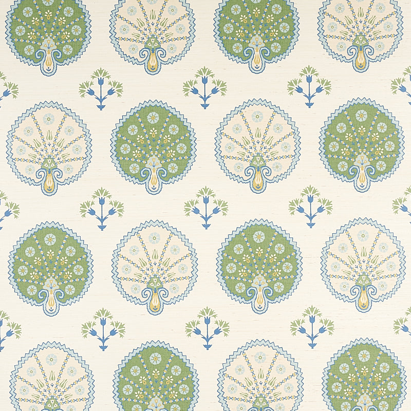 Chamba Crown Sisal green wallpaper with Ottoman fan and floral motifs on a textured sisal ground, by Schumacher.