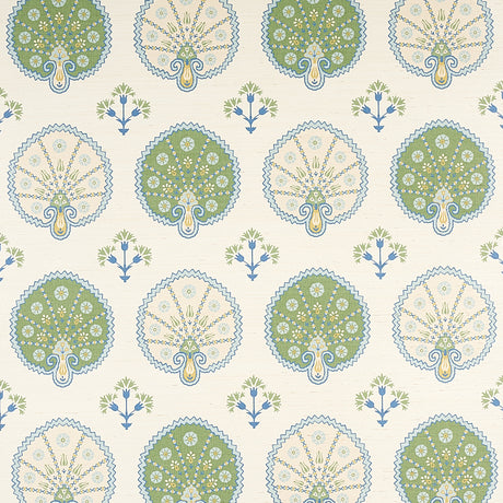Chamba Crown Sisal green wallpaper with Ottoman fan and floral motifs on a textured sisal ground, by Schumacher.