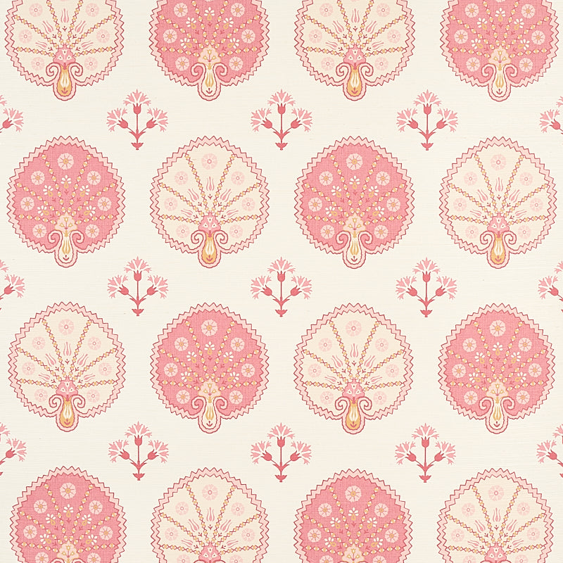 Chamba Crown Sisal pink wallpaper with Ottoman fan and floral motifs on a textured sisal ground