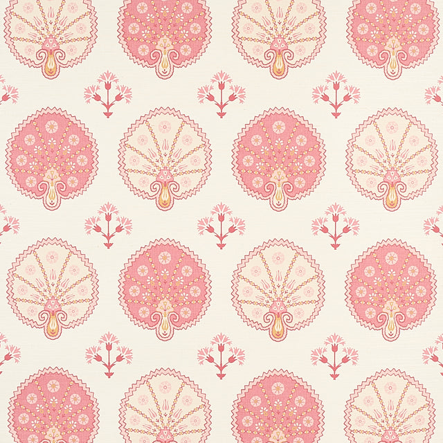 Chamba Crown Sisal pink wallpaper with Ottoman fan and floral motifs on a textured sisal ground