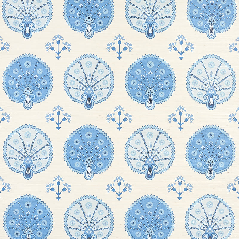 Chamba Crown Sisal blue wallpaper with Ottoman fan and floral motifs on a textured sisal ground, styled in a bathroom interior.