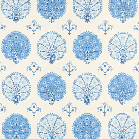 Chamba Crown Sisal blue wallpaper with Ottoman fan and floral motifs on a textured sisal ground, styled in a bathroom interior.
